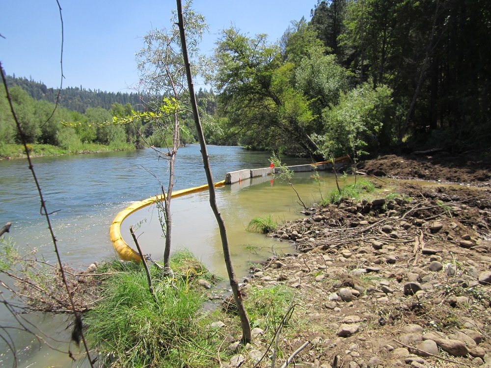 Turbidity mitigation measures are used during the Bucktail channel rehabilitation project.