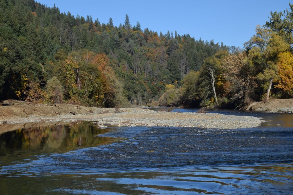 Point bar and riffle constructed near Sheridan Creek at the 2017 Trinity River channel rehabilitation project. 