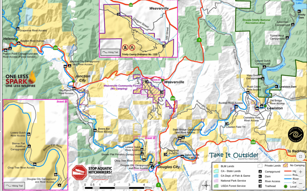 BLM map of public access points for the Trinity River from Trinity Dam to Helena.