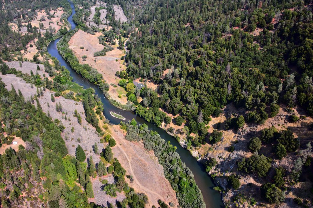 Aerial photography of the Chapman Ranch Phase B site in 2015. Photo by Kenneth DeCamp, purchased by Trinity River Restoration Program, U.S. Bureau of Reclamation.