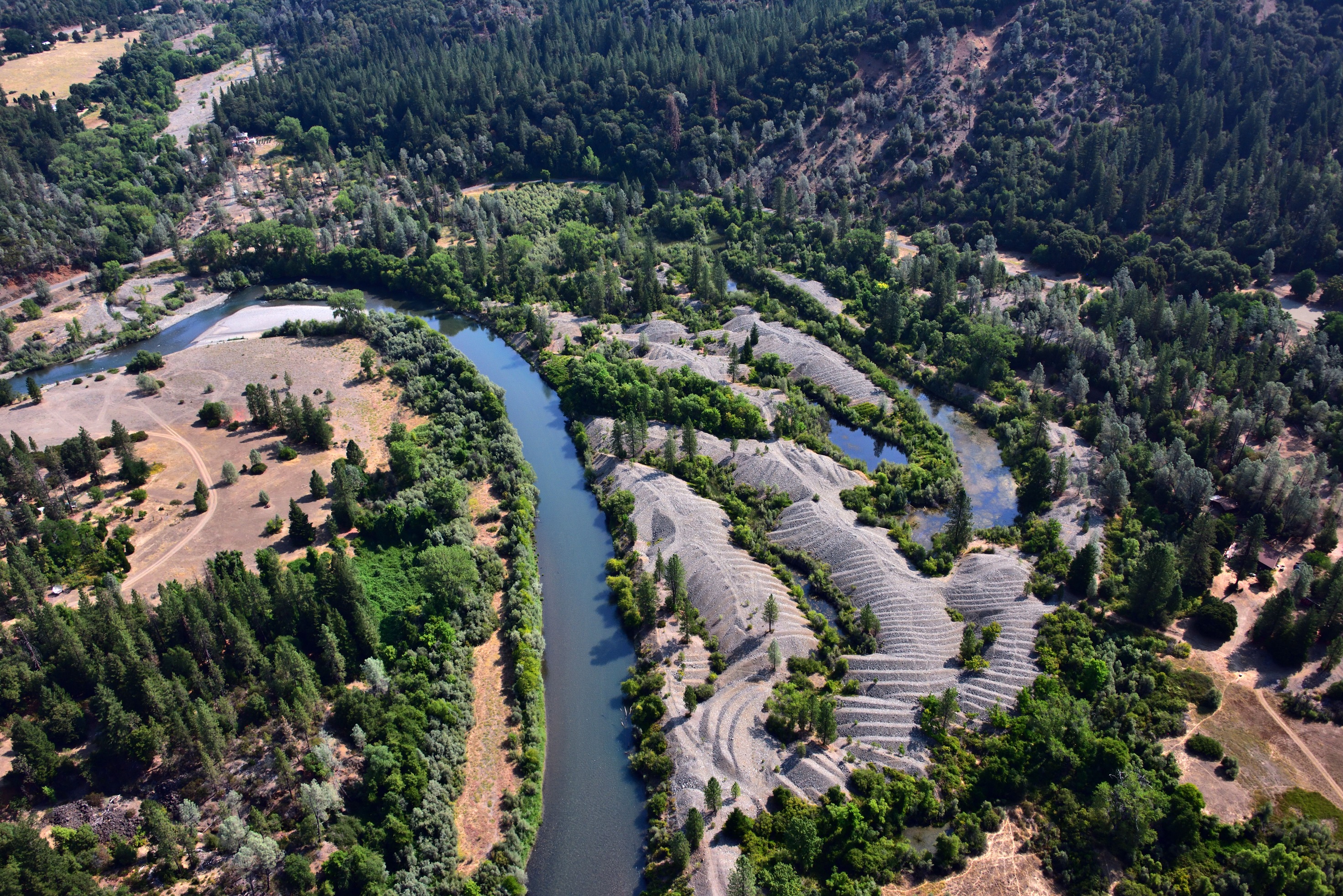 Aerial photograph of the Oregon Gulch project site in 2016. Photo by Kenneth DeCamp, purchased by Trinity River Restoration Program, U.S. Bureau of Reclamation.