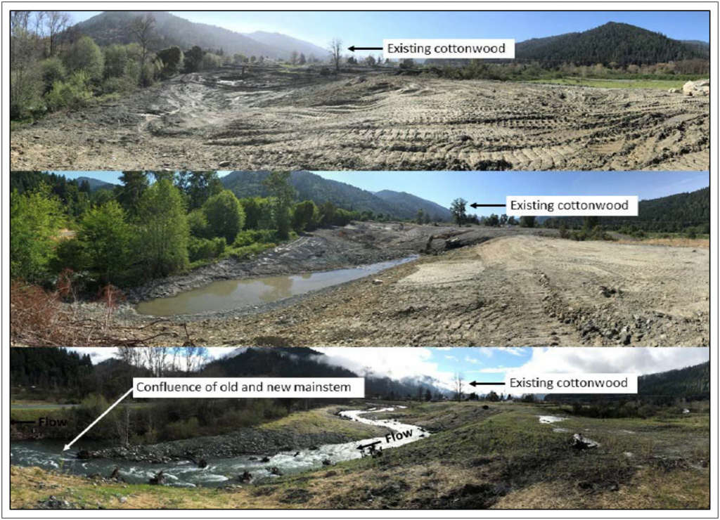 Watershed restoration activities at Mill Creek, during construction (top and middle) and after construction (bottom).