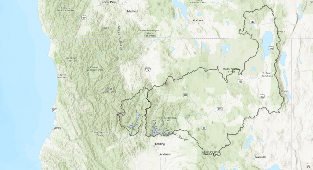 The watershed that fills Trinity and Lewiston Lakes (reservoirs) is tiny relative to the watershed that fills Shasta Lake.