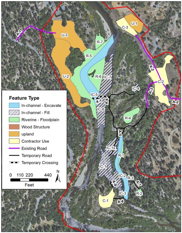 Draft design map for Sawmill. By The Yurok Tribe Fisheries Department, California Department of Water Resources, and California Department of Fish and Wildlife.