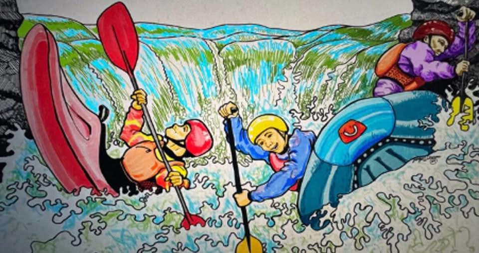 Drawing of a raft and kayak crew playing in white water. 